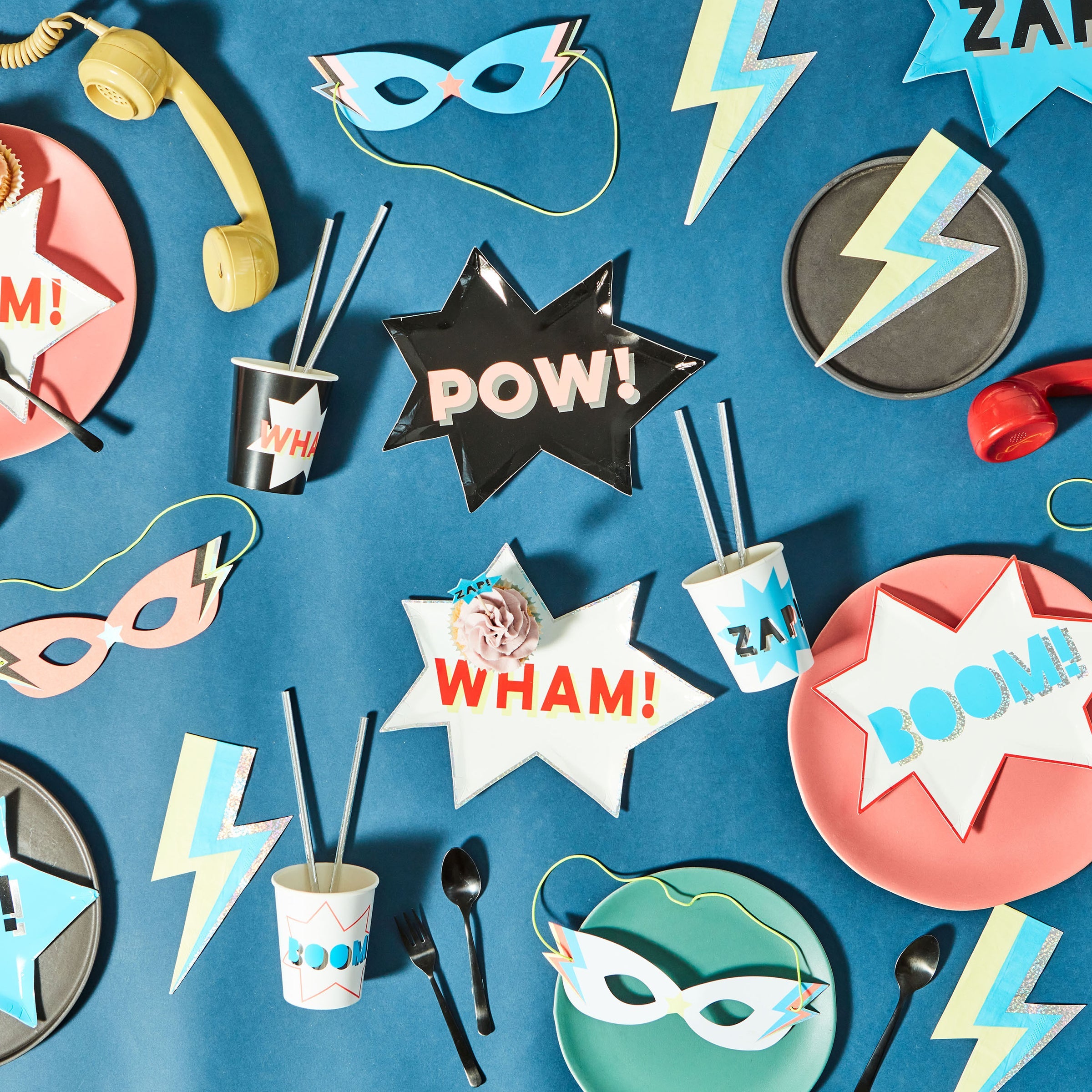 Our party cups, with comic book words, are ideal for a kids birthday party with a superhero theme.