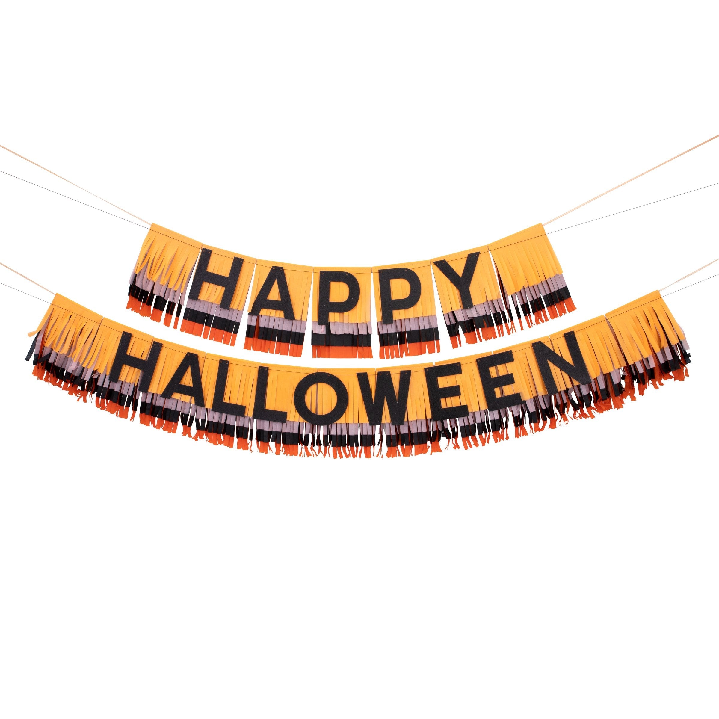 Our fringed paper garland, with Happy Halloween wording, is the perfect Halloween party decoration.