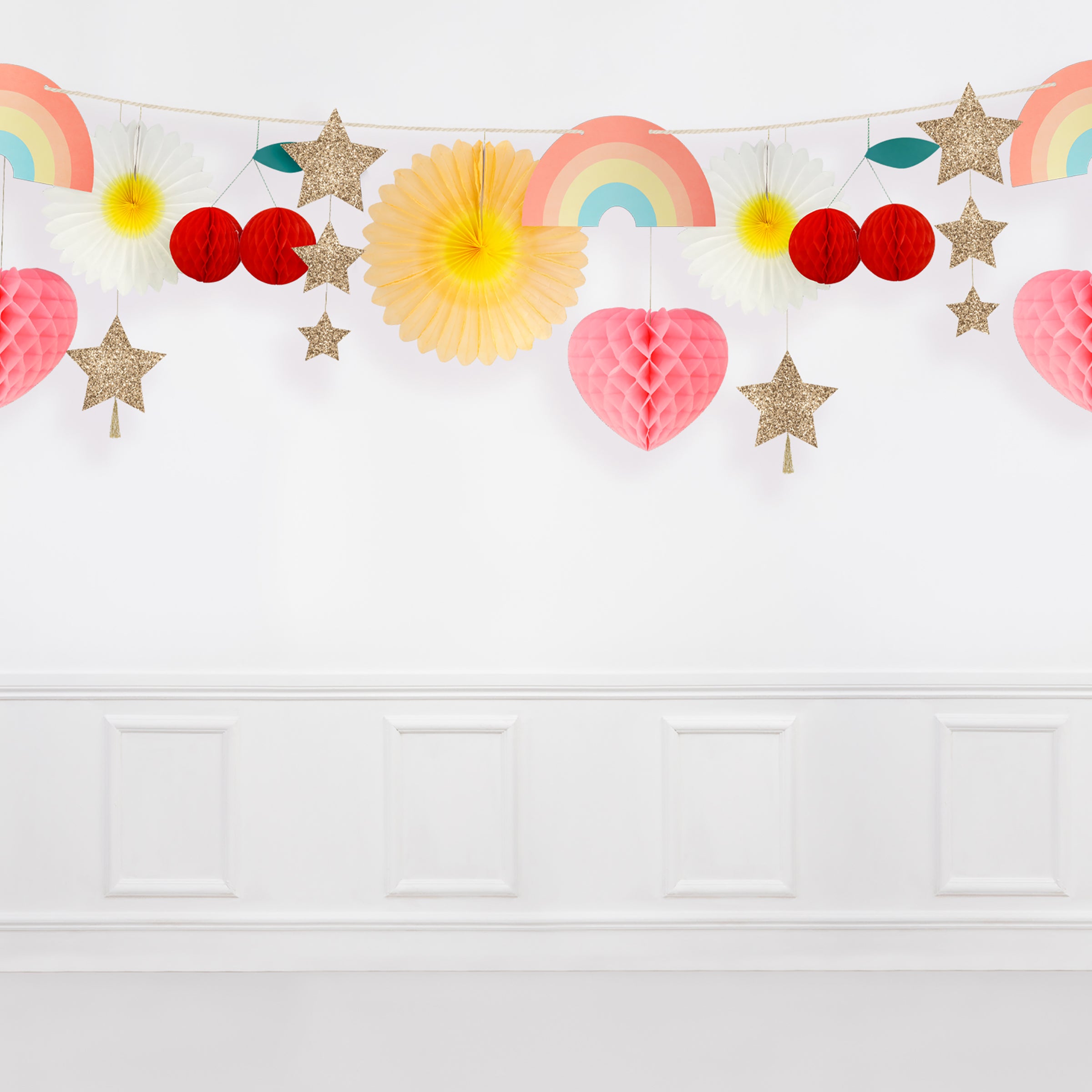 Our decorative garland features rainbows, hearts, cherries and star decorations.
