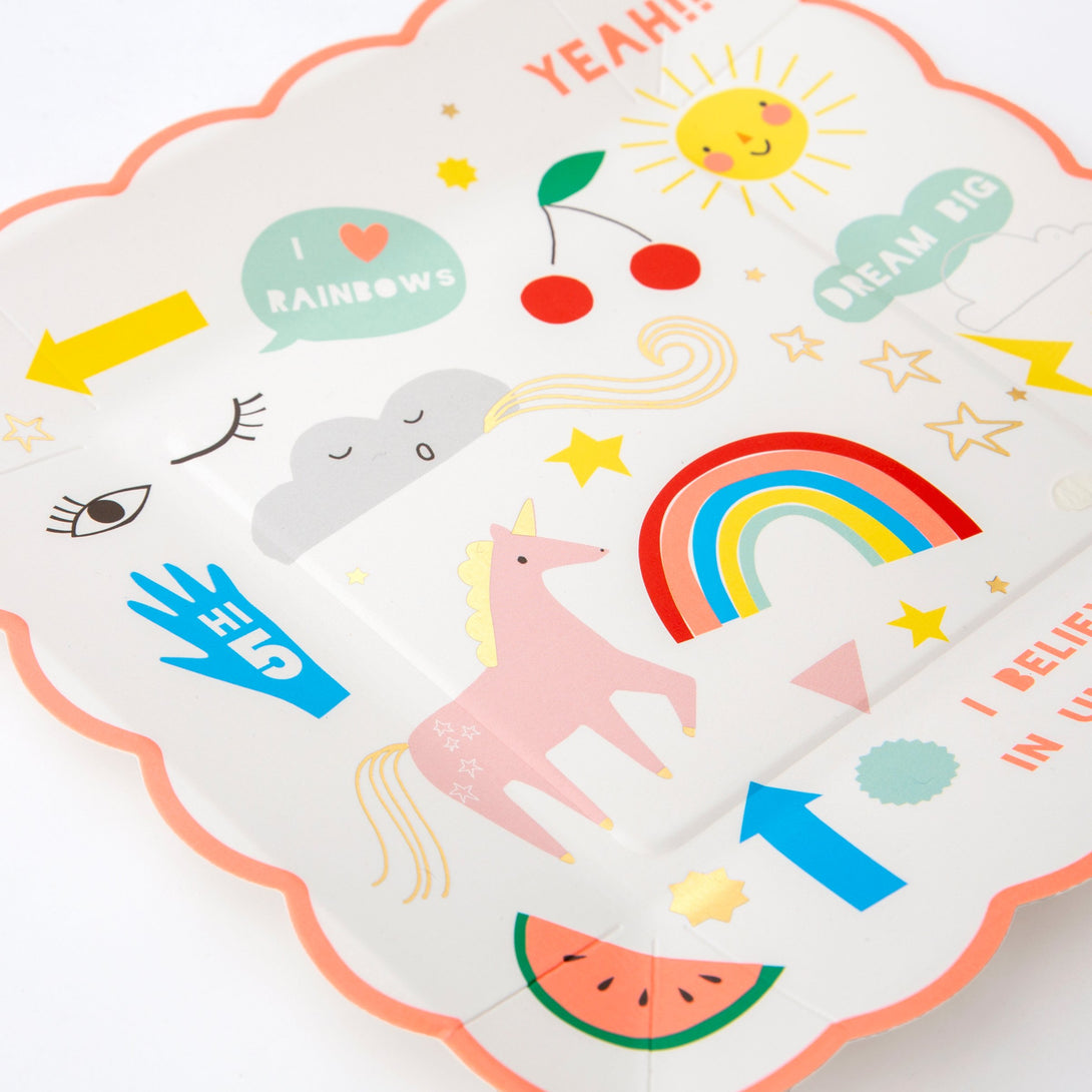 These delightful plates, with neon print and gold foil detail, are perfect for a unicorn birthday party.