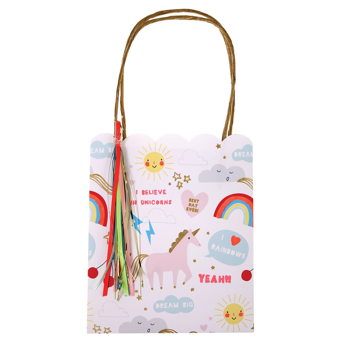 These beautiful unicorn party bags have gold paper handles, gold foil detail and delightful ribbons.