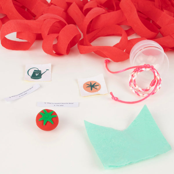 Give your party guests a surprise with our vegetable party favours filled with friendship bracelets, stickers, jokes and a party hat. Image4