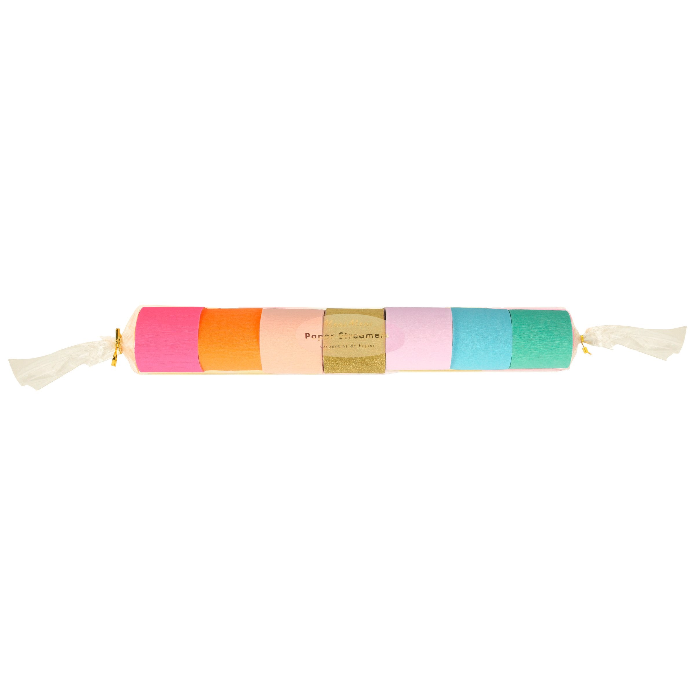 Our streamers are crafted from crepe paper in neon and gold, perfect for paper party decorations.