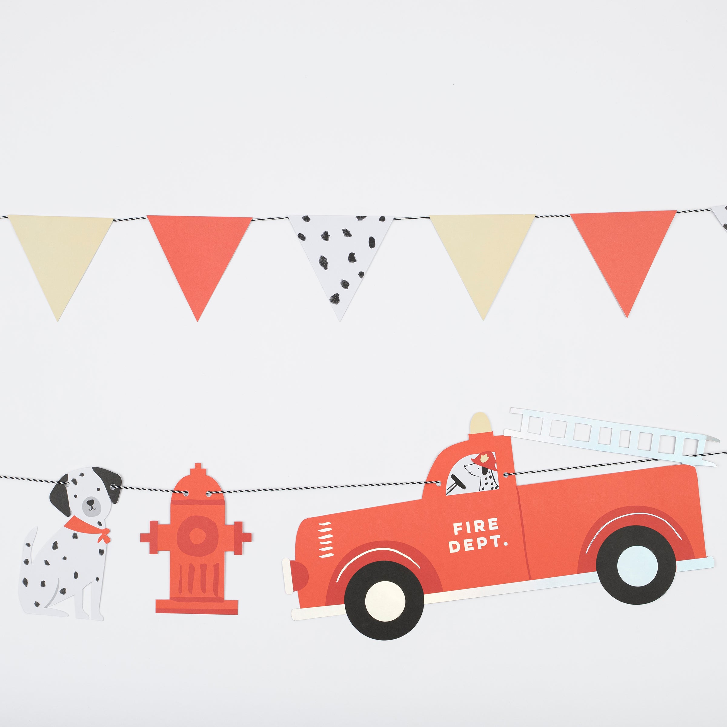 If you're holding a fireman party our bright red paper garland, with fire trucks, is a great boys birthday party decoration.