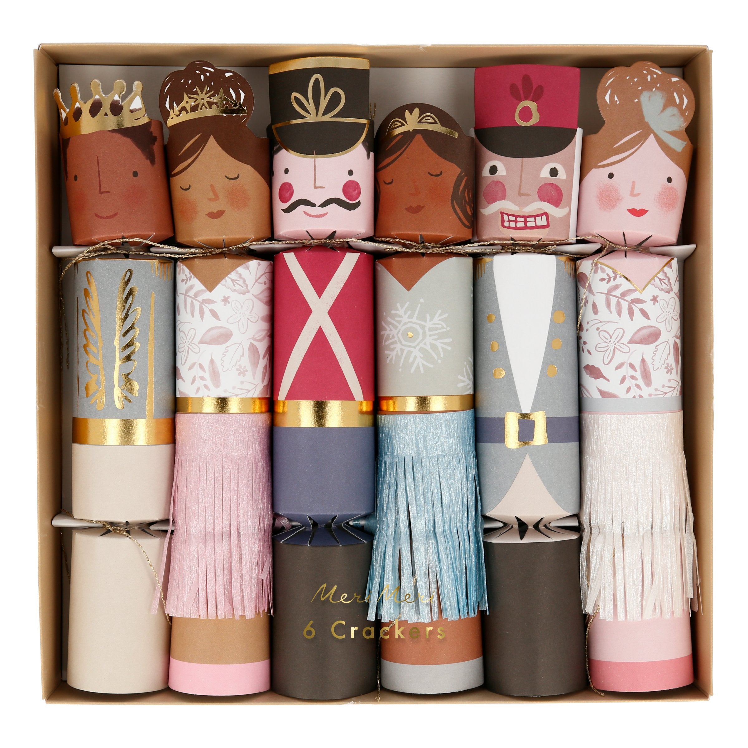 Our Nutcracker Kids Christmas crackers have delightful embellishments, and include a Christmas brooch, party hat and joke.