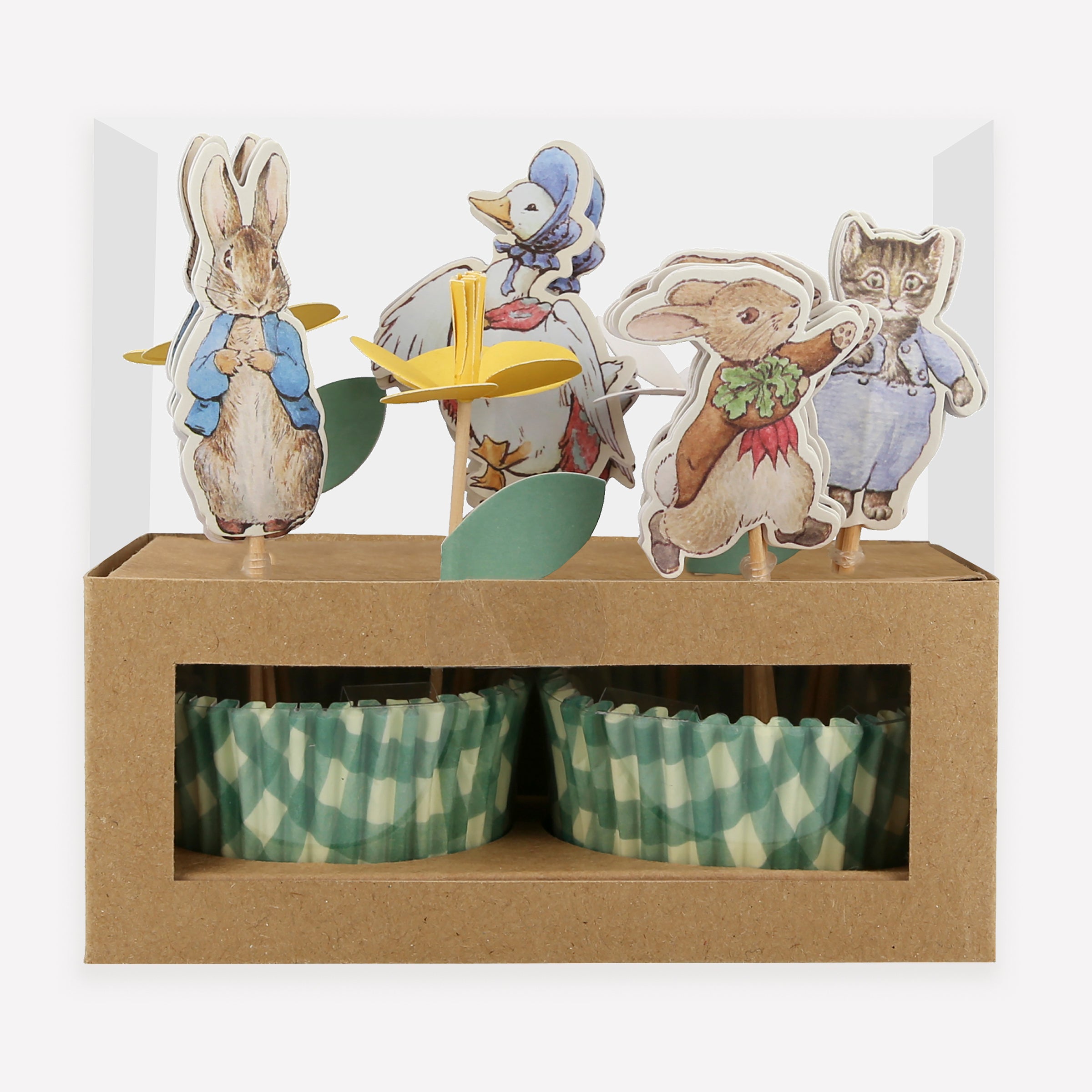Our cupcake decorating kit includes Peter Rabbit and frienda cupcake toppers and green gingham cupcake cases.