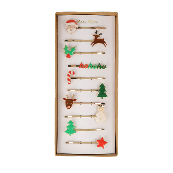 Our Christmas hair accessories, with enamel Christmas icons and gold tone slides, make a wonderful Christmas gift for girls.