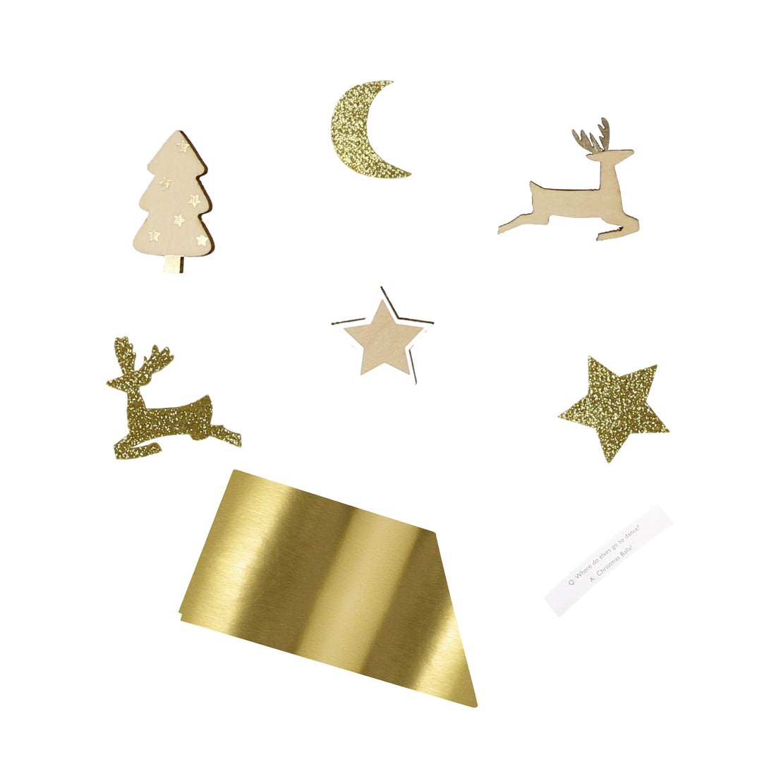 Our gold Christmas crackers include Christmas brooches.