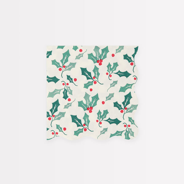 Our party napkins, paper napkins with a holly design, are perfect as cocktail napkins or for Christmas parties.