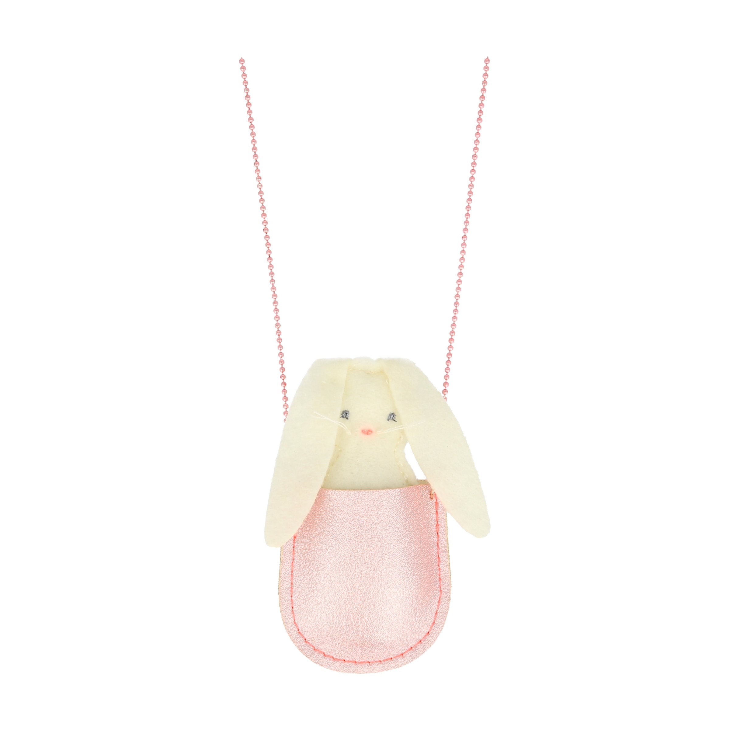 This pretty necklace features a padded felt bunny, sitting in a glittery pink leatherette pocket, with a pink bead chain.