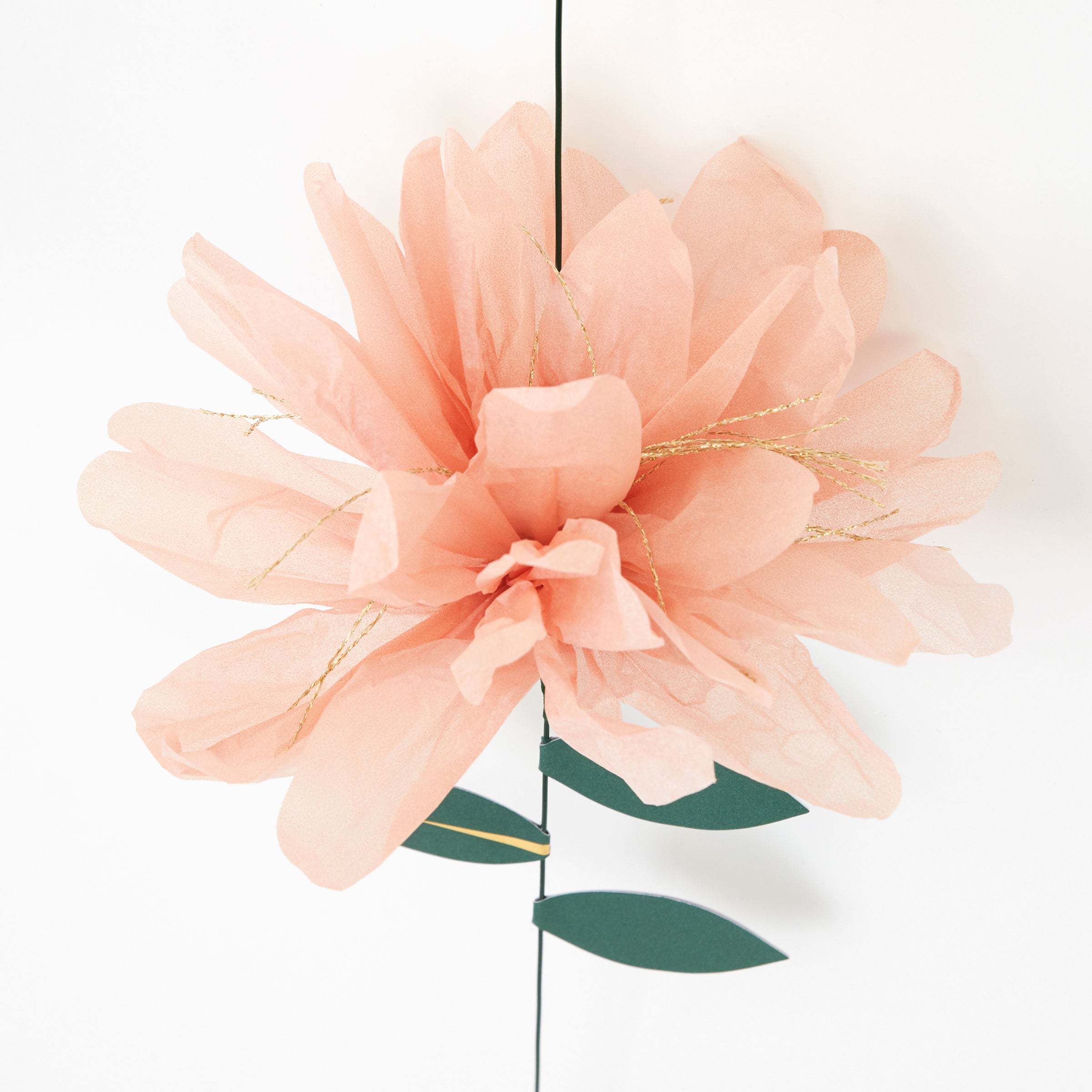 This fabulous flower decoration is crafted from colourful tissue paper flowers, with gold foil  and green leaves.