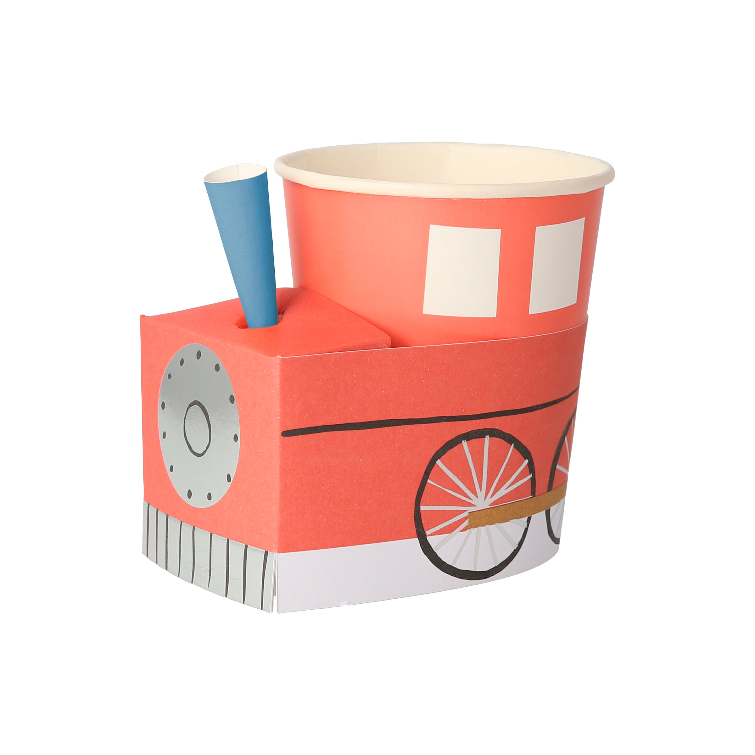 Our paper cups, in the shapes of trains, are ideal for a train party.
