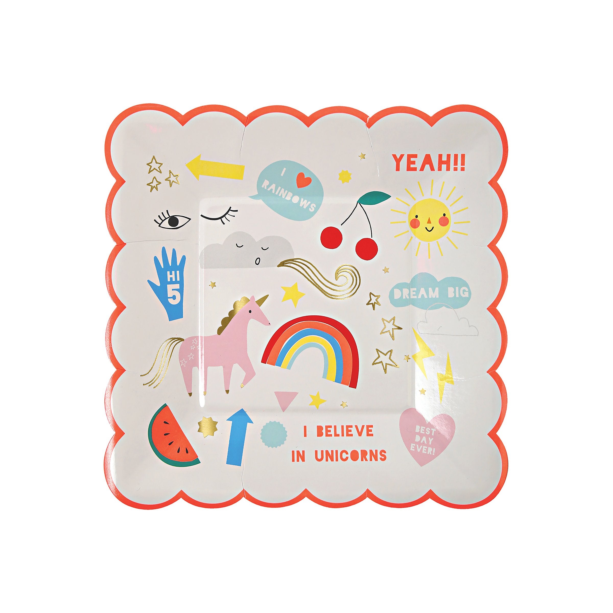 These delightful plates, with neon print and gold foil detail, are perfect for a unicorn birthday party.