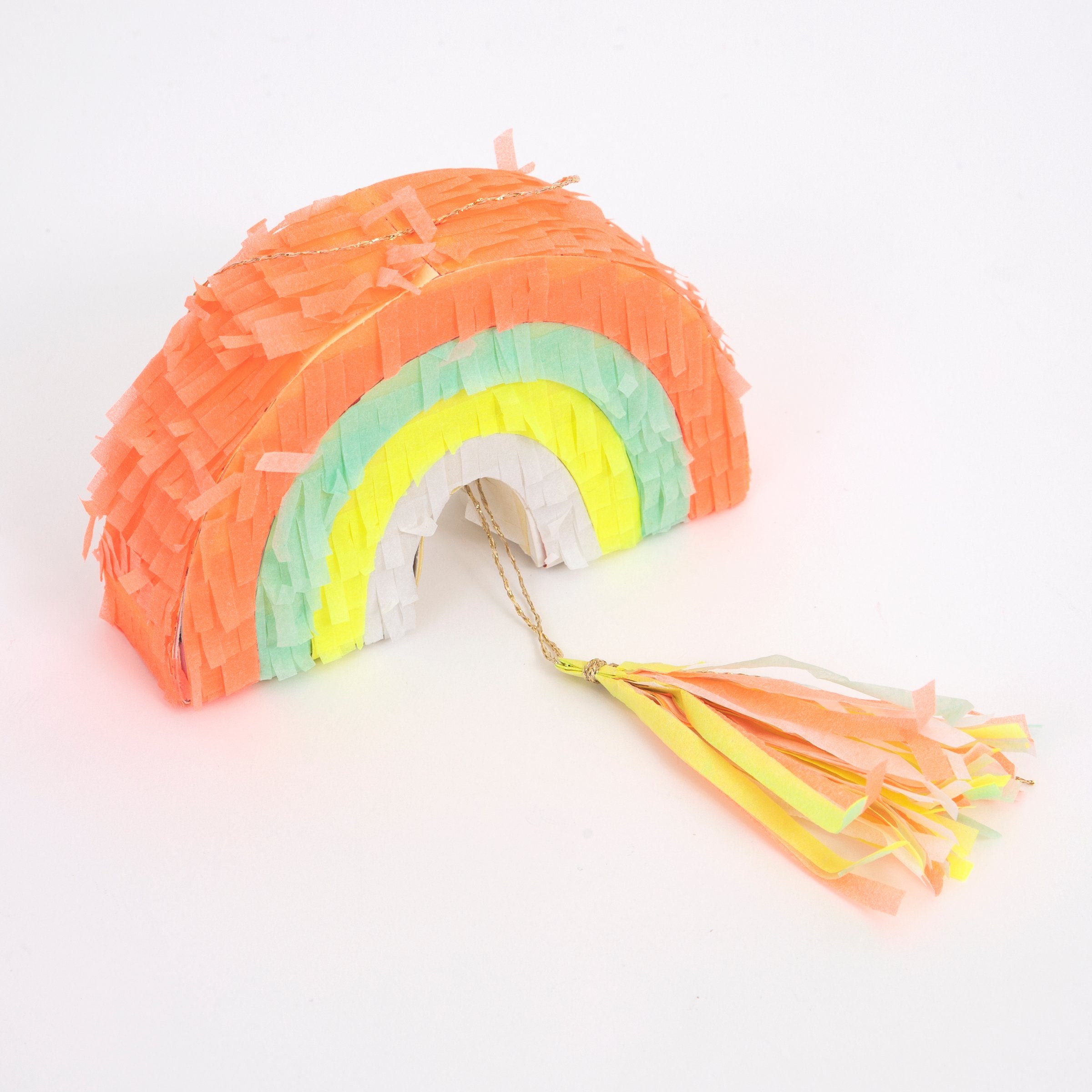 These mini pinatas, in the shape of a rainbow with a neon tassel, are filled with colourful confetti and temporary tattoos.