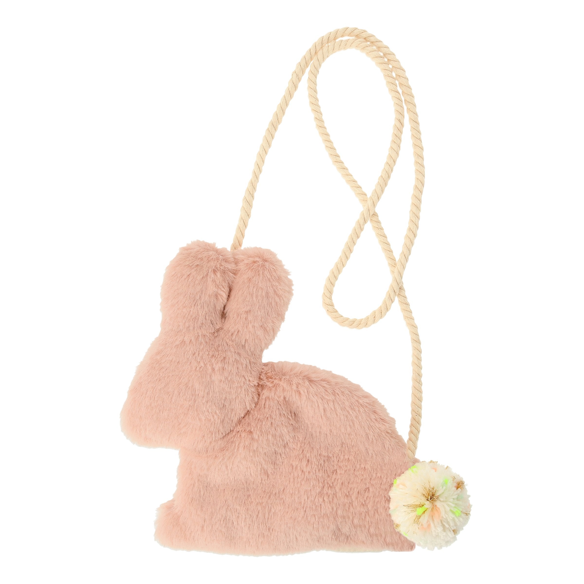 This soft bunny bag, crafted from lined dusky pink plush, has a cross body cord strap, zip closure and pompom tail detail.