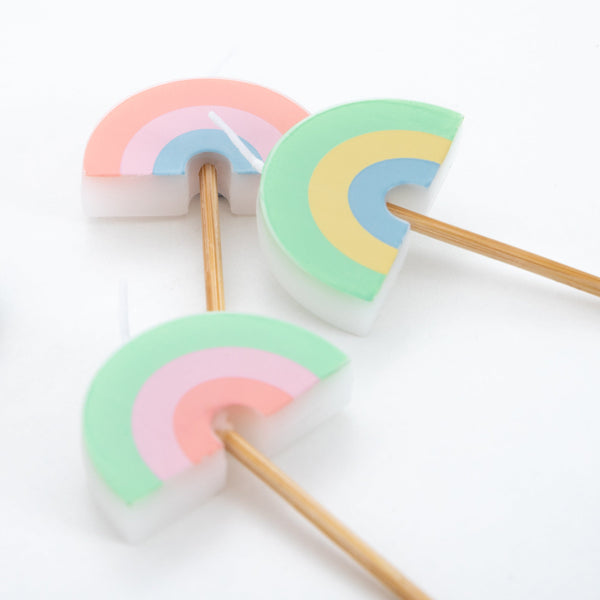 Our rainbow candles are perfect for a rainbow birthday party or baby shower cake decorations. Image4