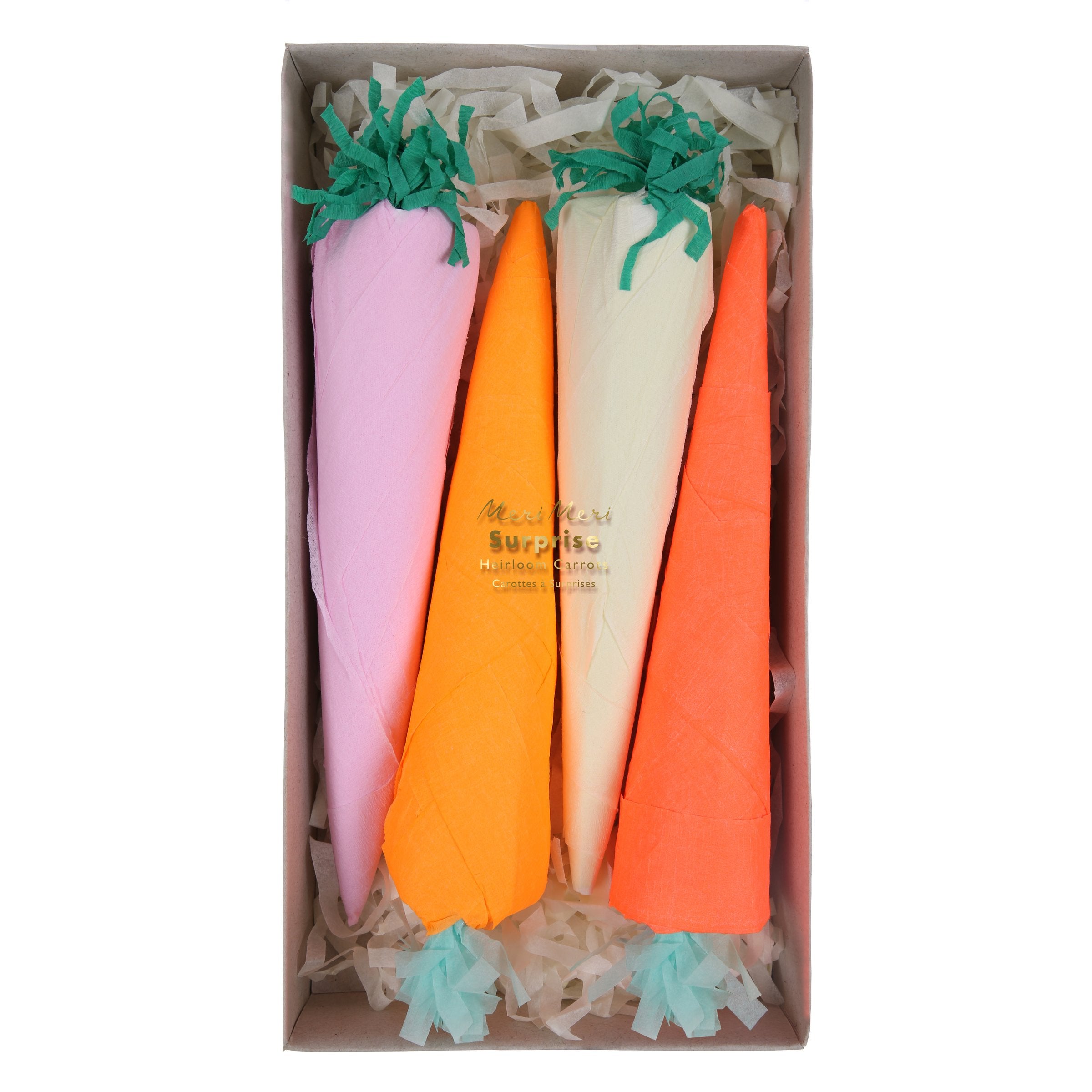 These surprise carrots are crafted from colourful crepe paper, and each contain a fluffy chick, 2 tempororary tattoos and a joke