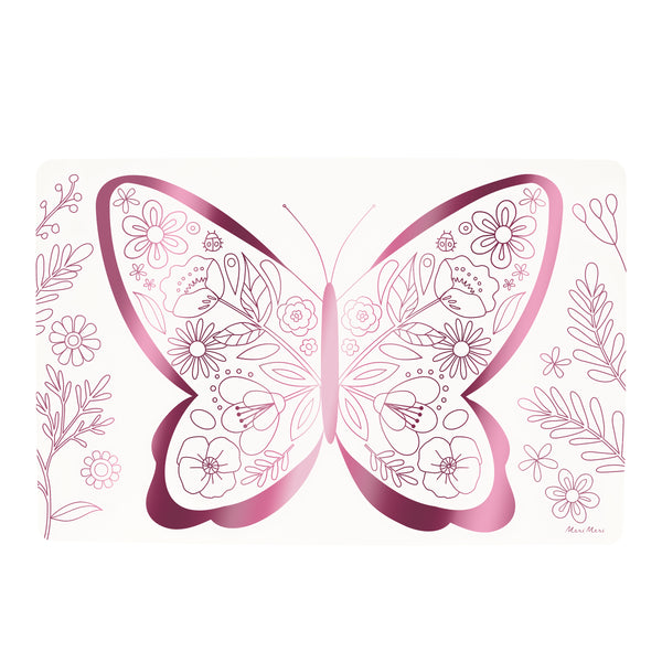 Our colouring placemats with pink foil butterfly and flower illustrations are perfect for a princess party or butterfly party. Image3