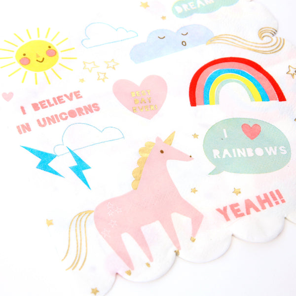 These delightful unicorn party napkins have beautiful illustrations, shiny gold foil detail and a stylish scallop edge. Image2