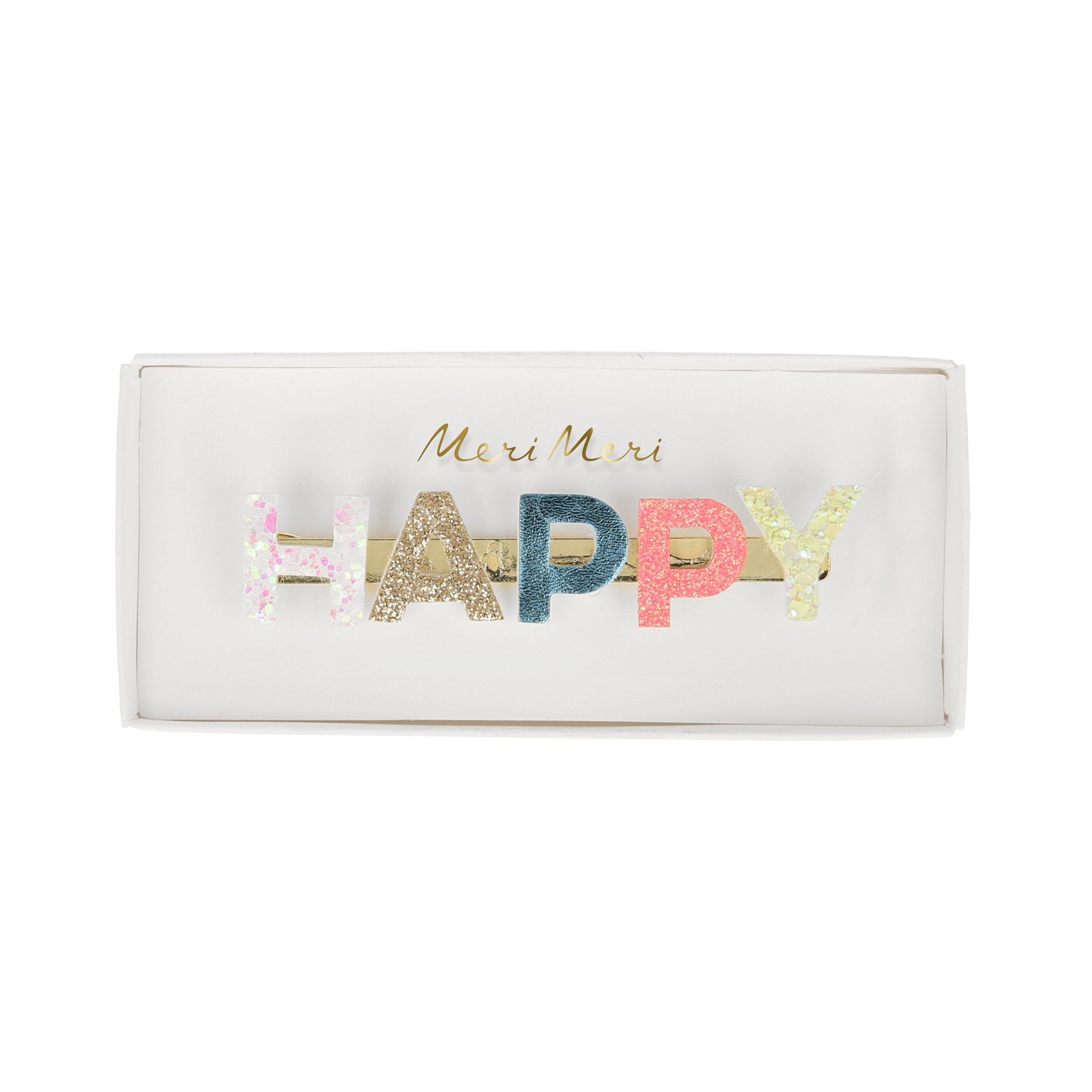 Our gold hair clip features the word "Happy" in leatherette and glitter lettering.